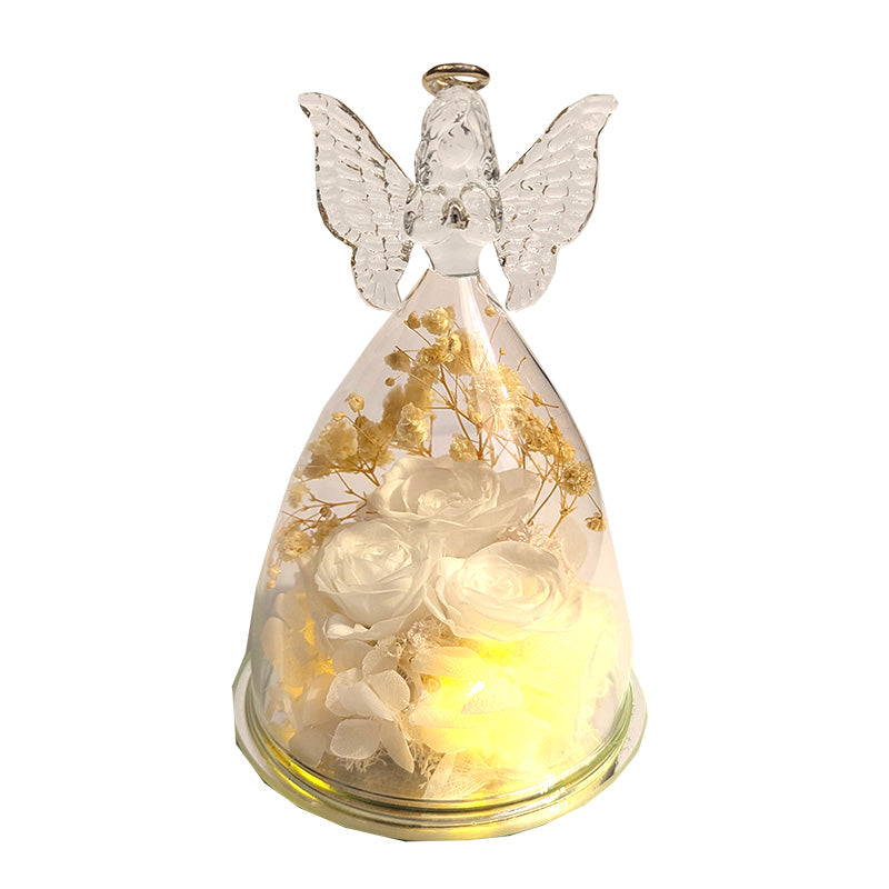 Lighted Glass Angel with Flowers White