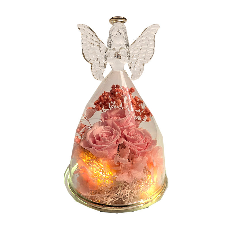 Lighted Glass Angel with Flowers Pink