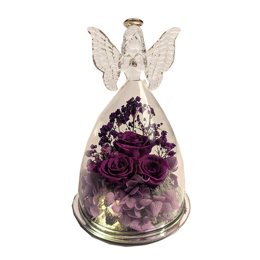 Lighted Glass Angel with Flowers Purple