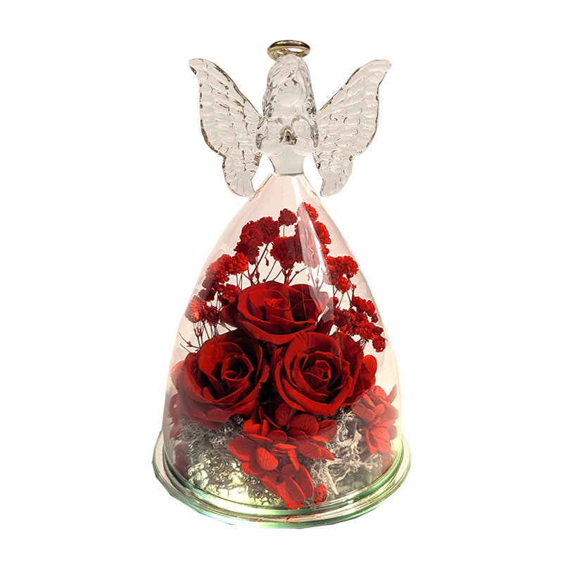 Lighted Glass Angel with Flowers Red